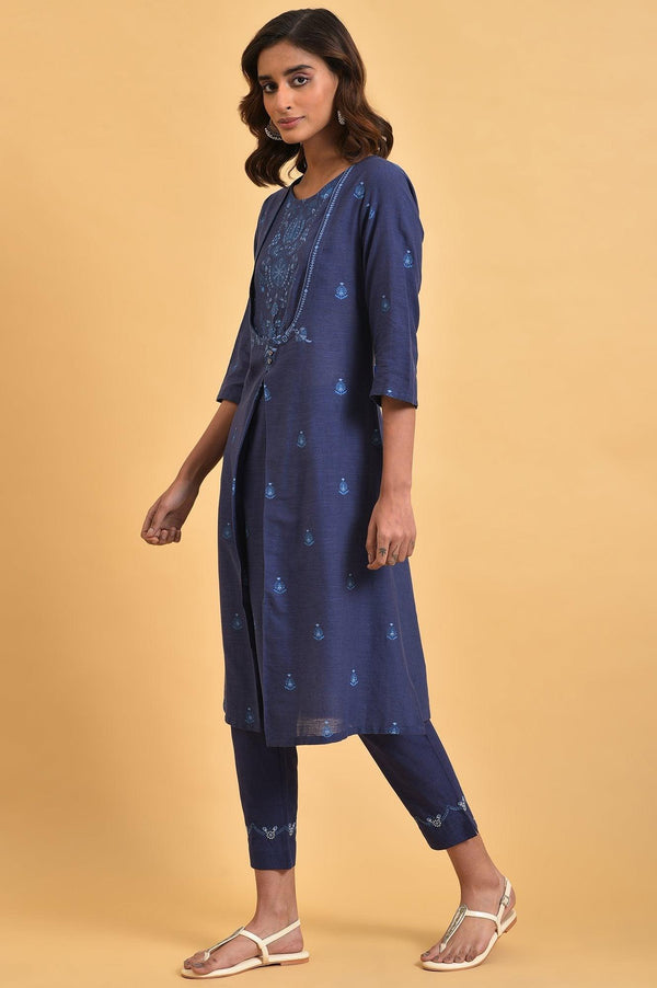 Navy Blue Floral Printed Plus Size Round Neck kurta