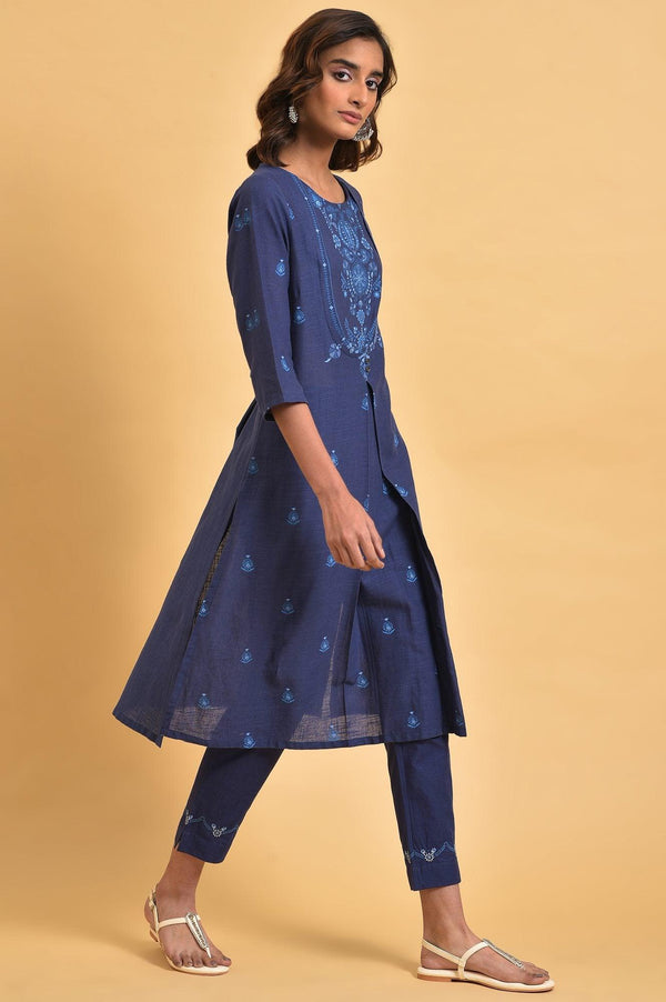 Navy Blue Floral Printed Plus Size Round Neck kurta