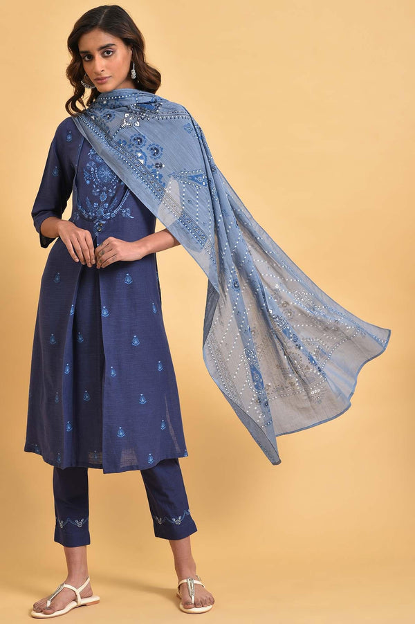 Navy Blue Floral Printed Plus Size Round Neck kurta