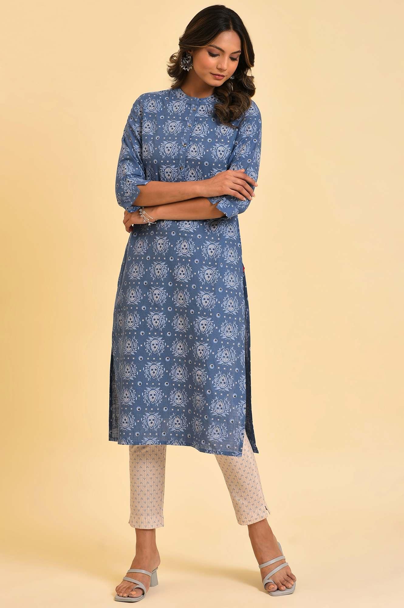 Blue Printed Straight kurta In Mandarin Collar - wforwoman