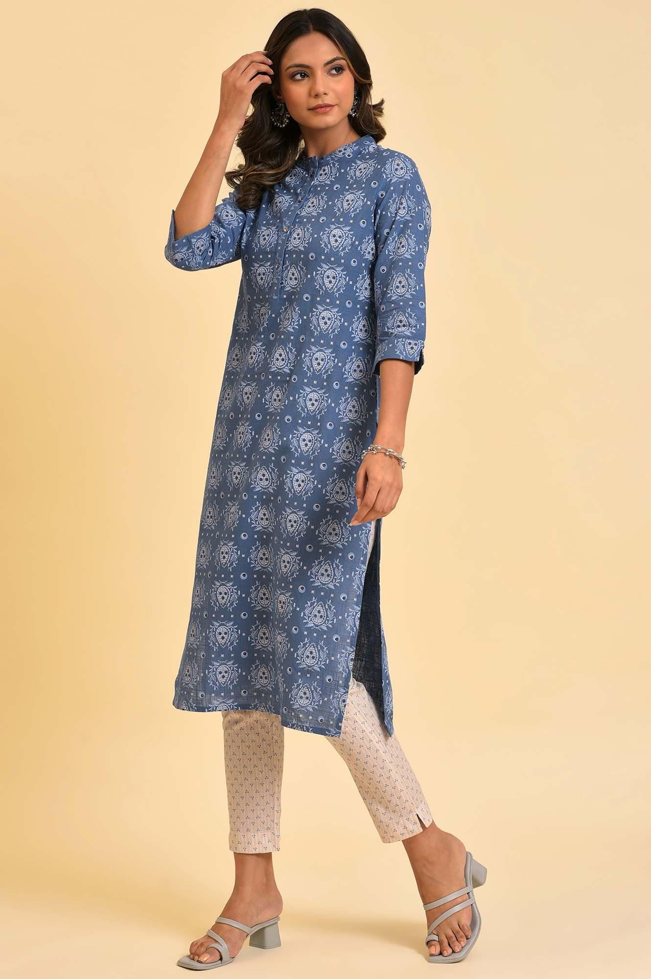 Blue Printed Straight kurta In Mandarin Collar - wforwoman