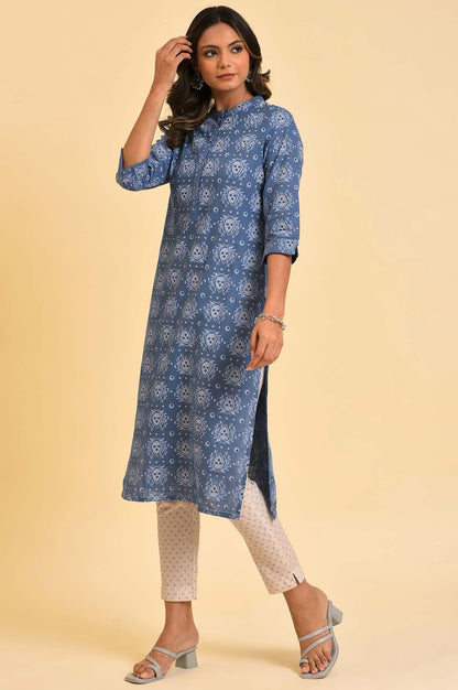 Blue Printed Straight kurta In Mandarin Collar - wforwoman