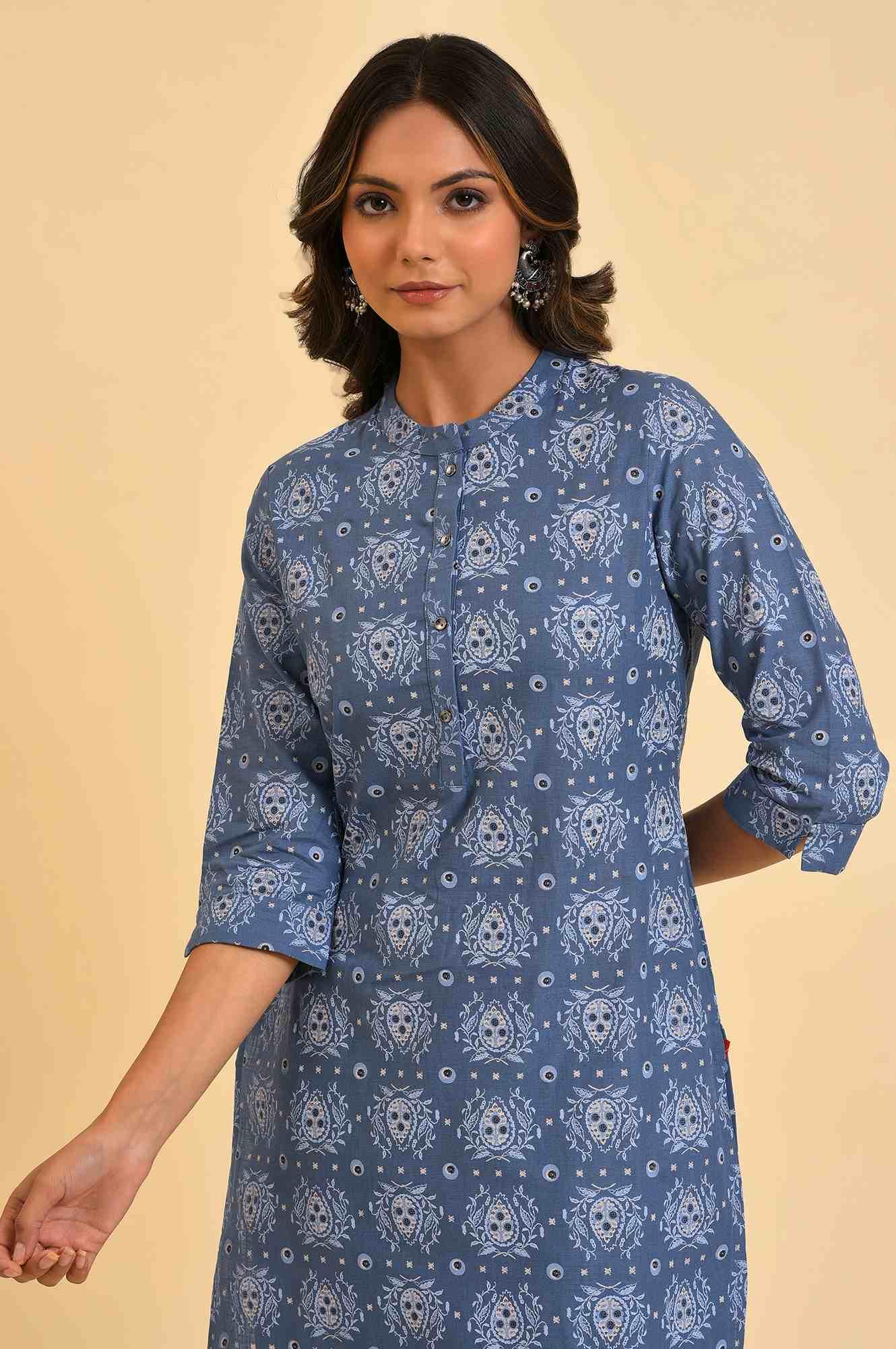 Blue Printed Straight kurta In Mandarin Collar - wforwoman