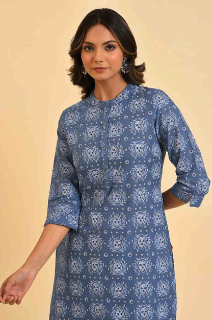Blue Printed Straight kurta In Mandarin Collar - wforwoman