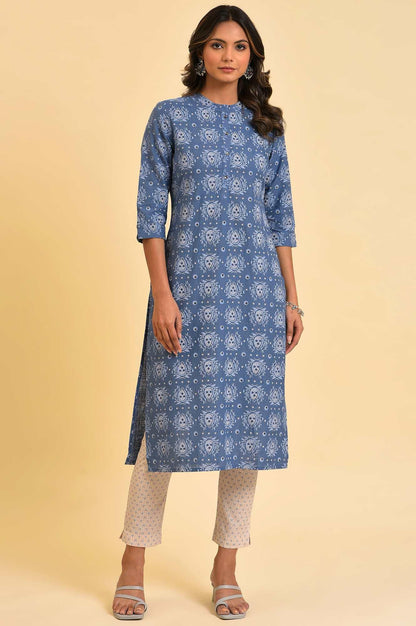 Blue Printed Straight kurta In Mandarin Collar - wforwoman