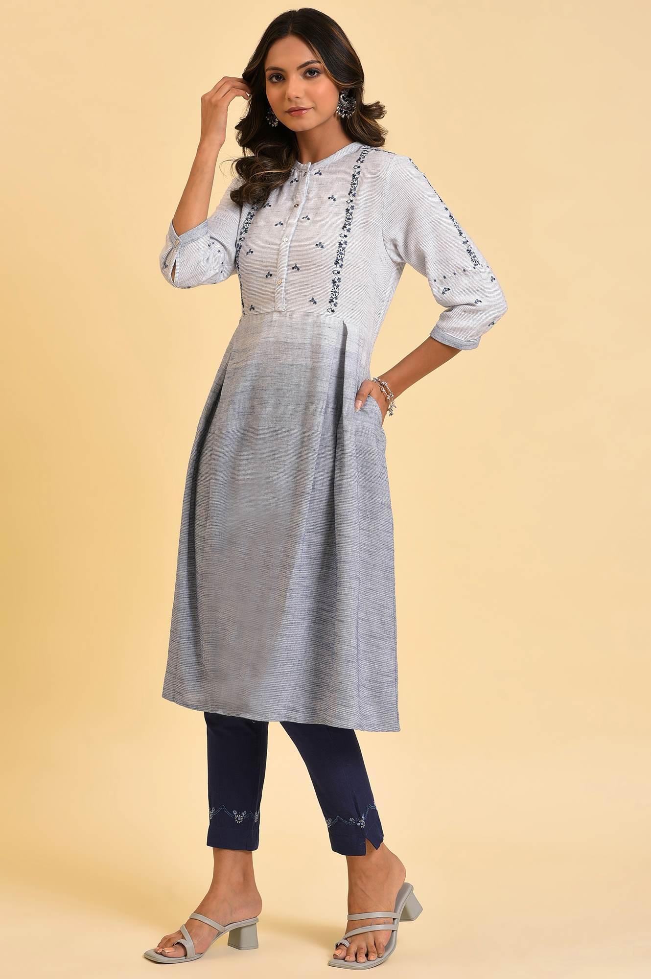 Grey And Blue Ombre A-Line Embroidered kurta - wforwoman