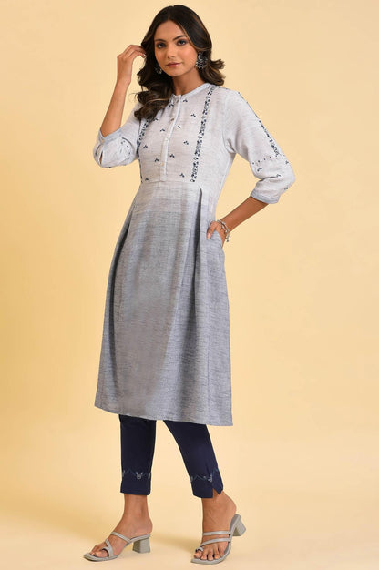 Grey And Blue Ombre A-Line Embroidered kurta - wforwoman