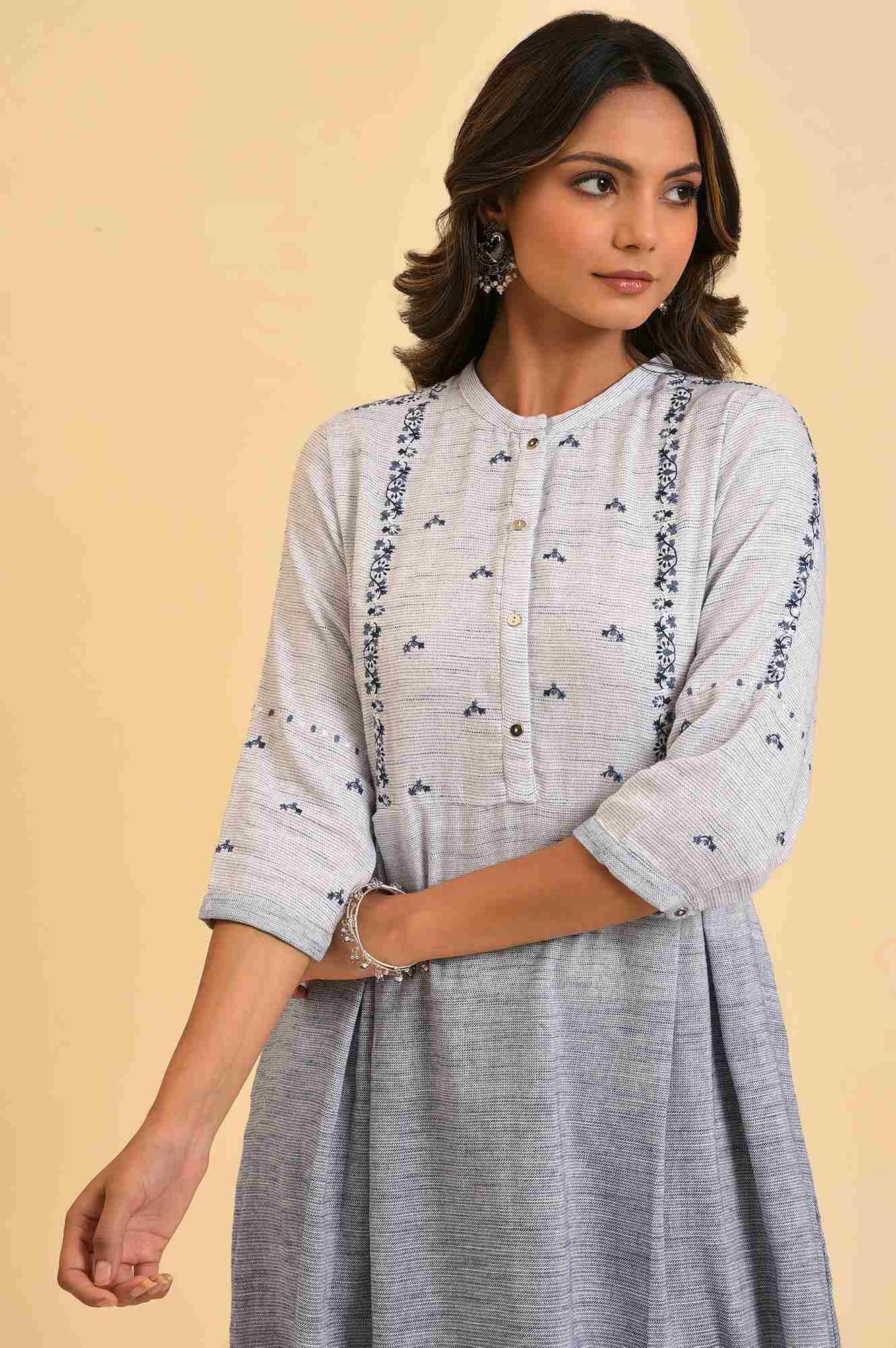 Grey And Blue Ombre A-Line Embroidered kurta - wforwoman