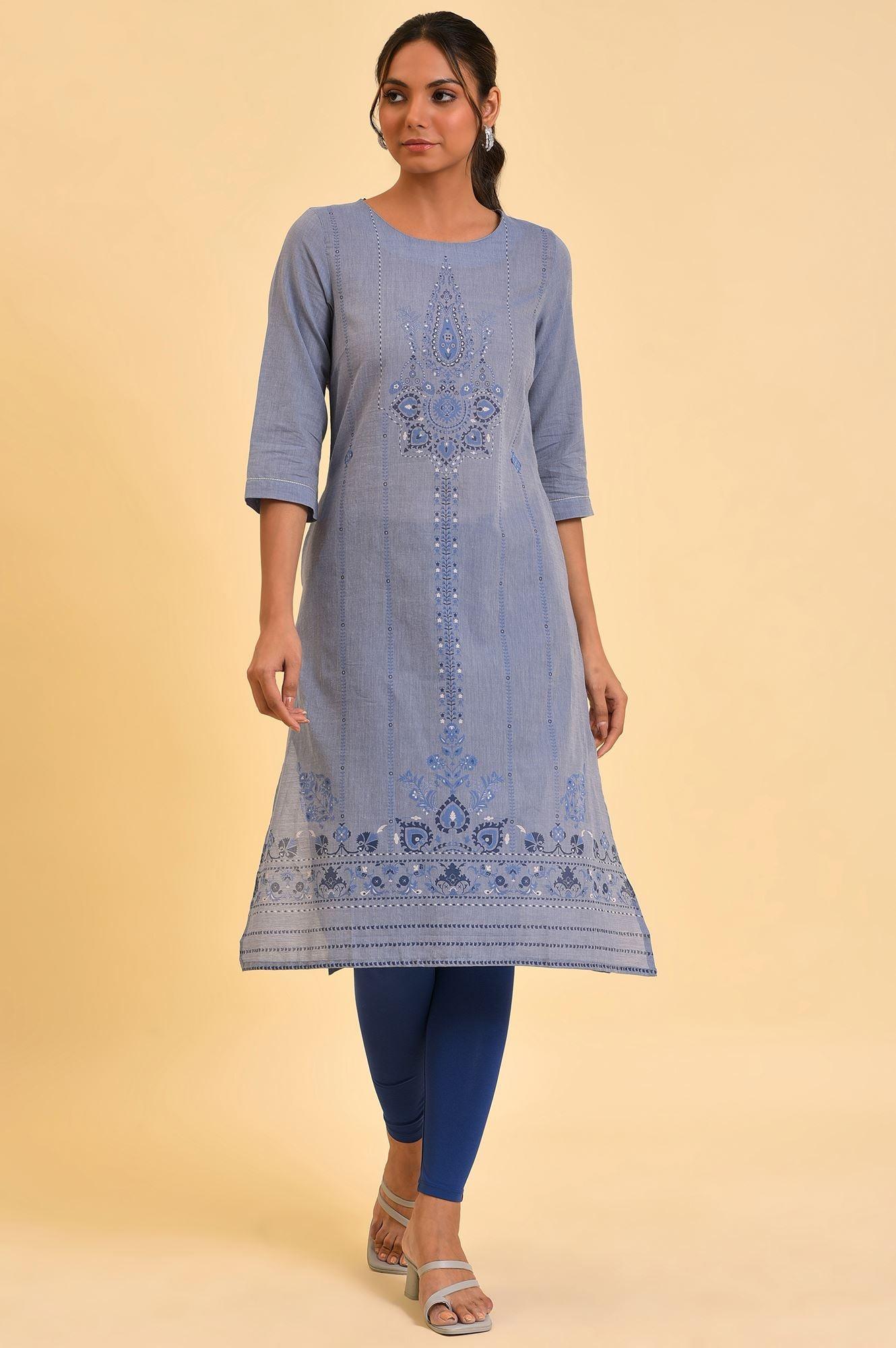 Blue Chambray Printed kurta - wforwoman