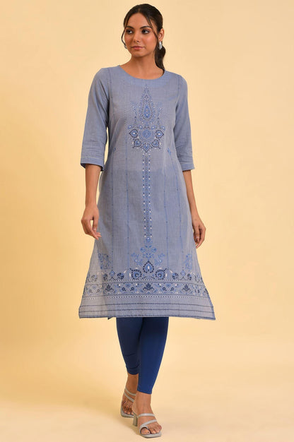 Blue Chambray Printed kurta - wforwoman