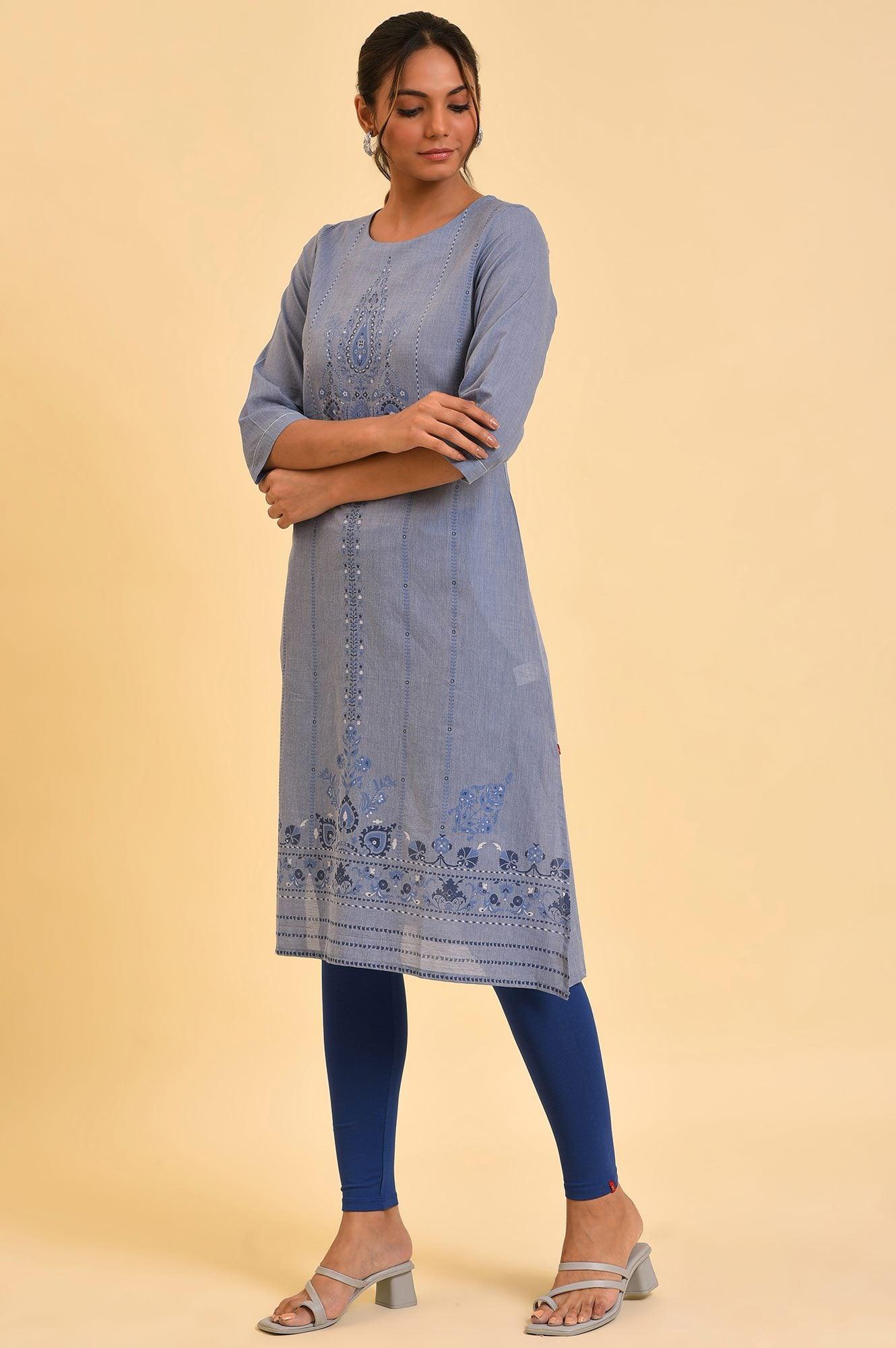 Blue Chambray Printed kurta - wforwoman