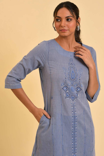 Blue Chambray Printed kurta - wforwoman