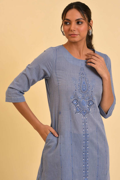 Blue Pure Cotton Straight Kurta and Parallel Pant Set