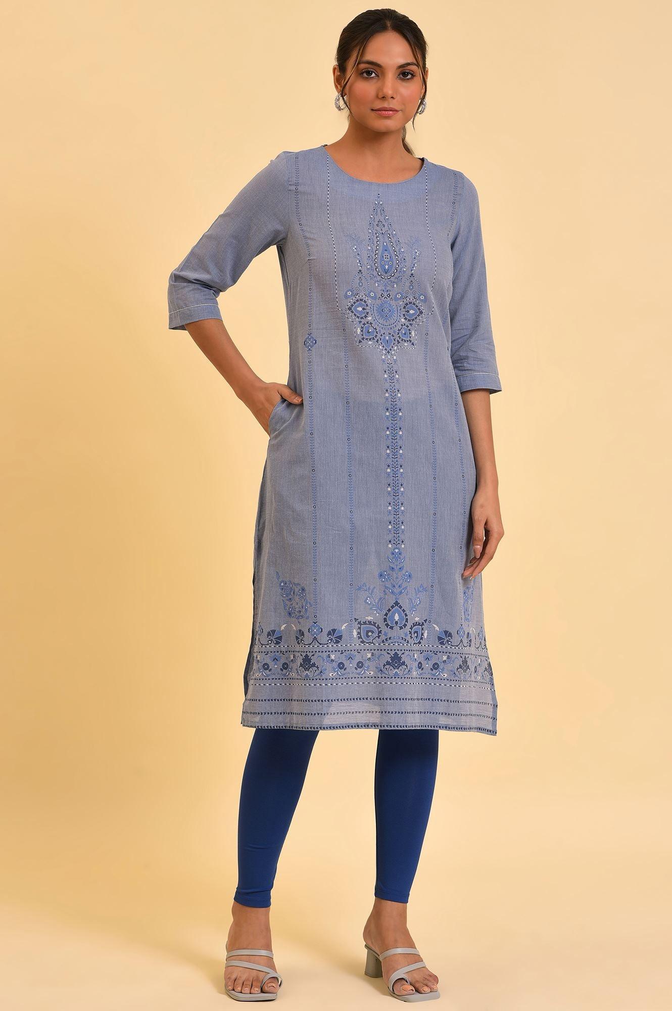 Blue Chambray Printed kurta - wforwoman