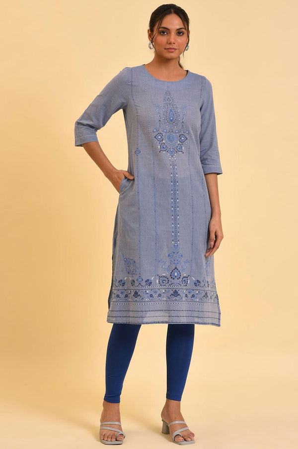 Blue Chambray Printed kurta
