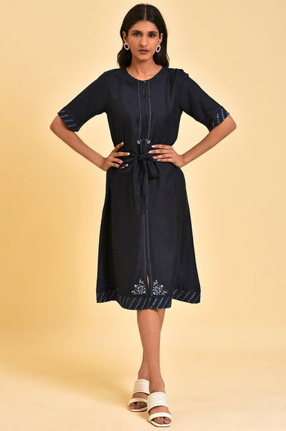 Dark Blue Embroidered A-libe Western Dress - wforwoman