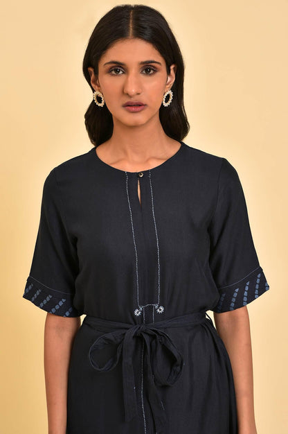Dark Blue Embroidered A-libe Western Dress - wforwoman