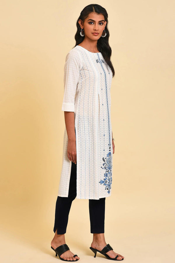 White Placement Print Dobby kurta
