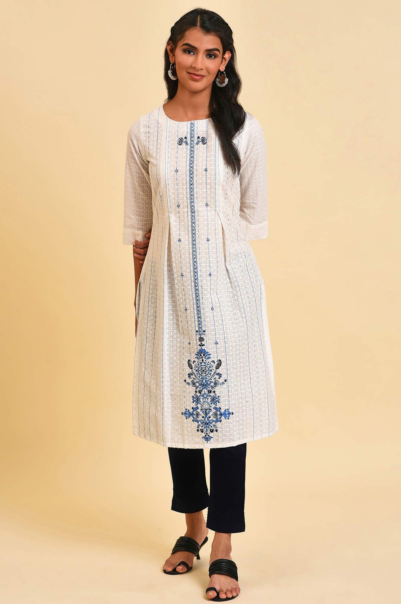 White Placement Print Dobby Plus Size kurta - wforwoman