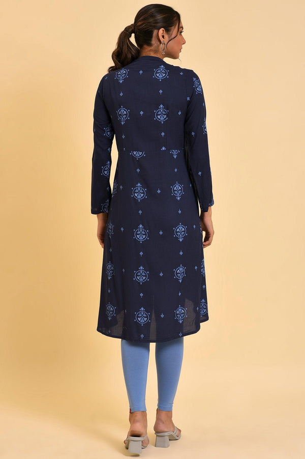 Navy Blue Printed High-Low kurta