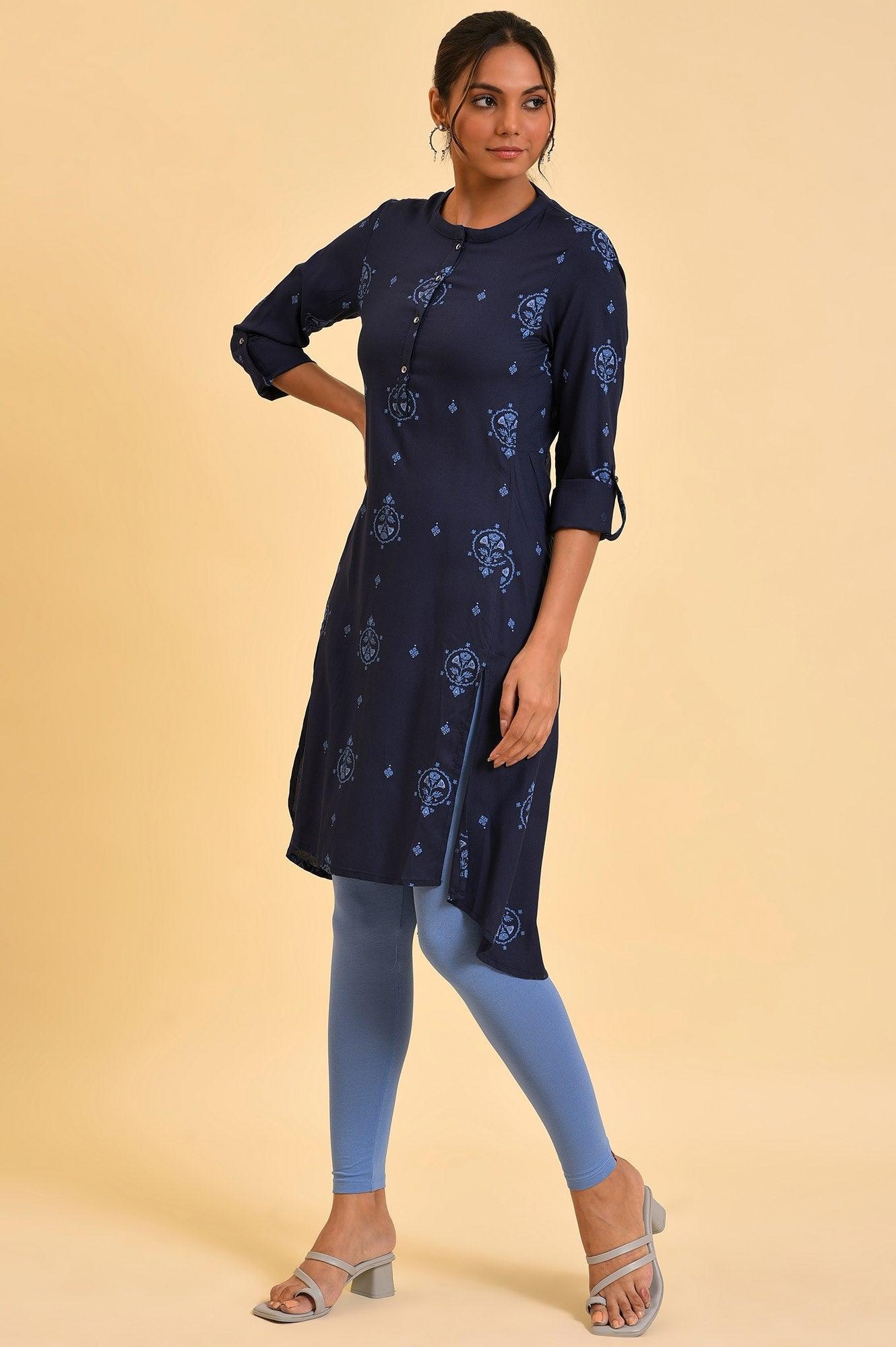 Navy Blue Printed High-Low kurta - wforwoman
