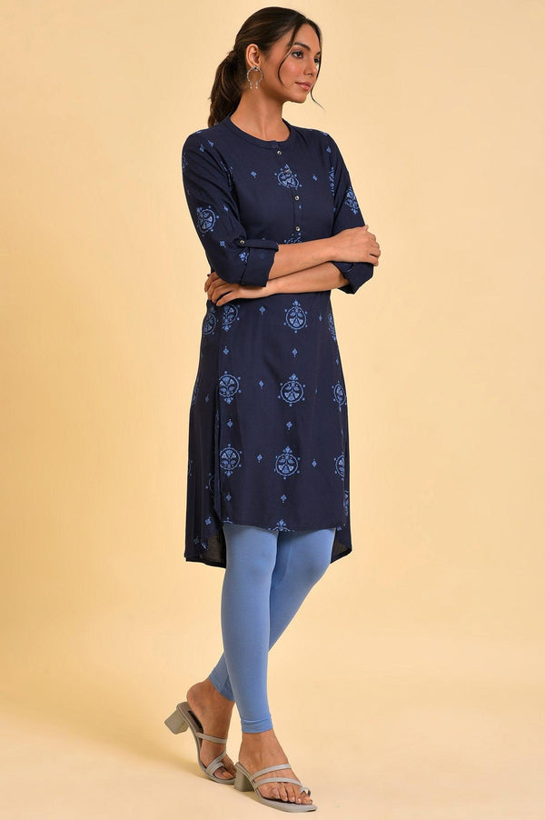 Plus Size Navy Blue Printed High-Low kurta