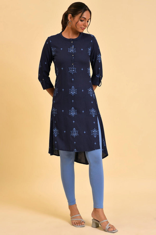 Plus Size Navy Blue Printed High-Low kurta