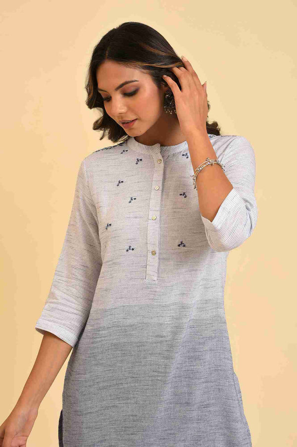 Light Grey Striped Thread Embroidered Pure Cotton Straight Kurta and Slim Pant Set