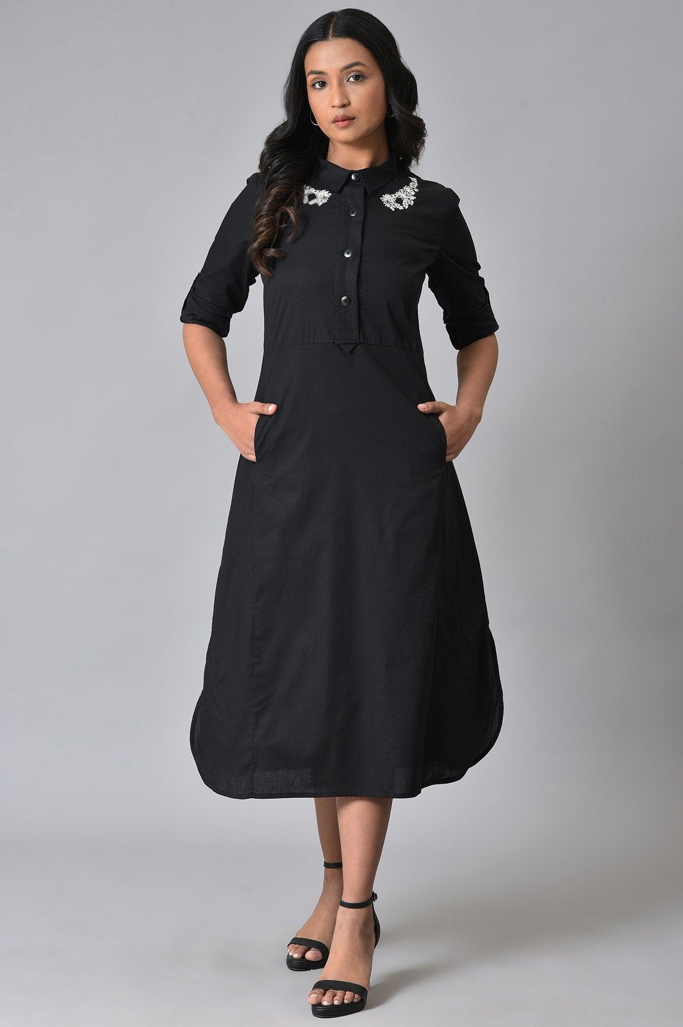 Black Cotton Embroidered Plus Size Shirt Dress - wforwoman