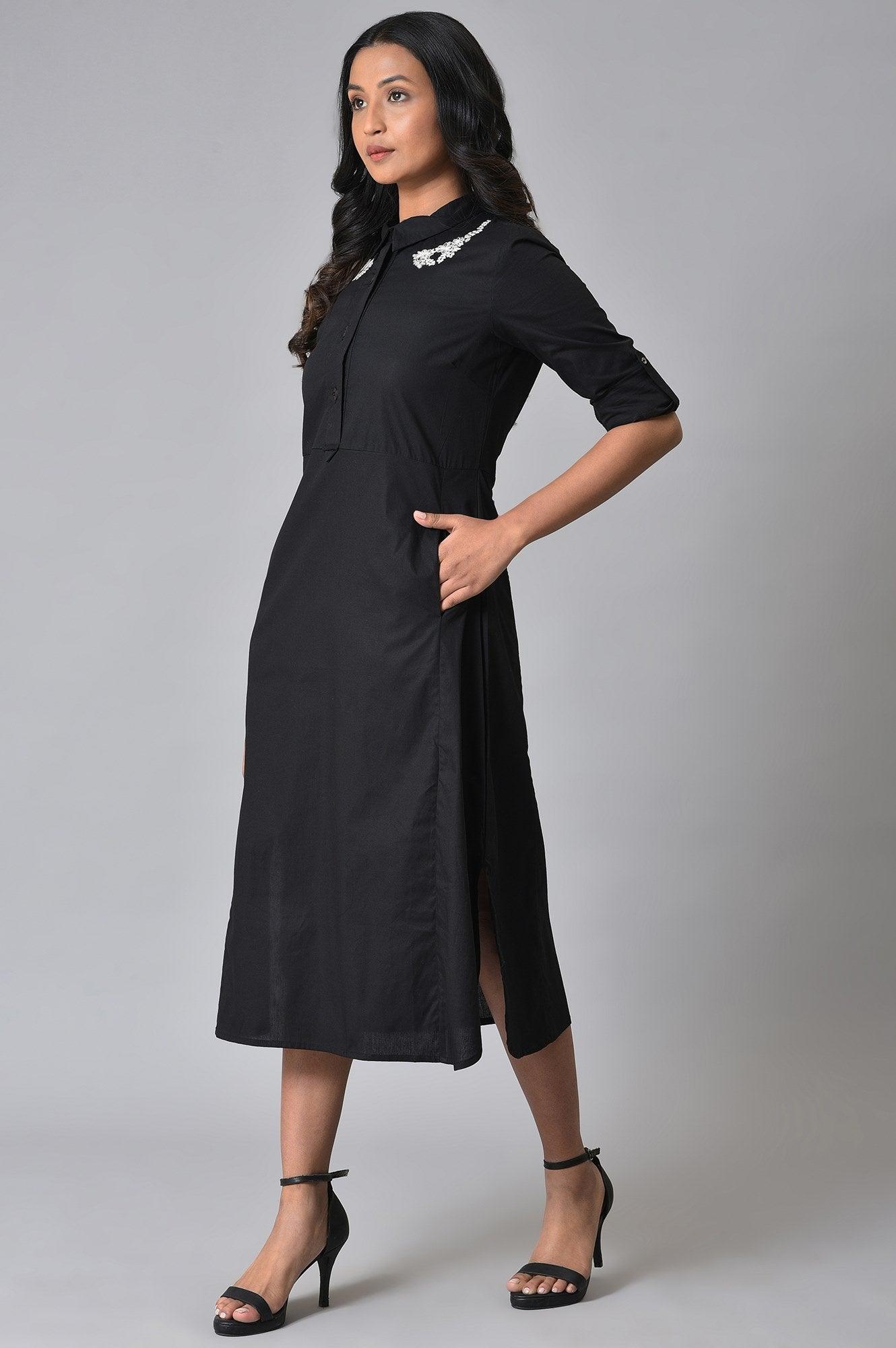 Buy Black Cotton Embroidered Shirt Dress Online for Woman | WforWoman Buy Black Cotton Embroidered Shirt Dress Online for Woman | WforWoman