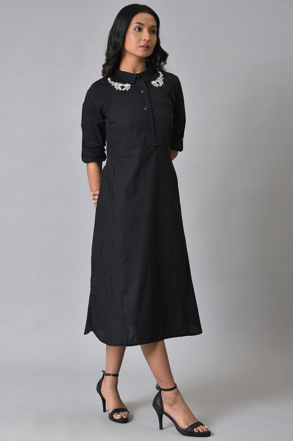 Black Cotton Embroidered Plus Size Shirt Dress