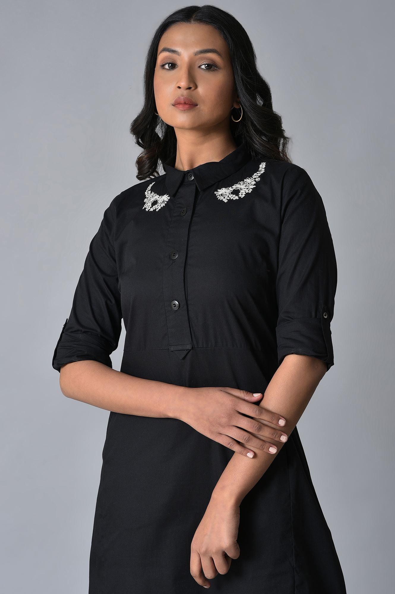Black Cotton Embroidered Plus Size Shirt Dress - wforwoman
