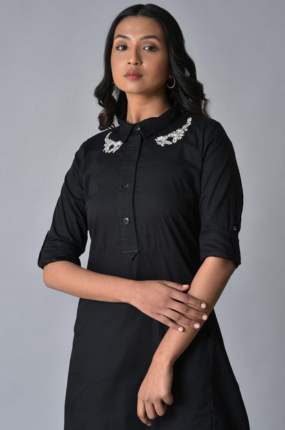 Black Cotton Embroidered Plus Size Shirt Dress - wforwoman