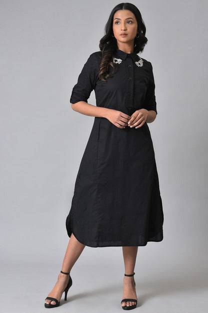 Black Cotton Embroidered Plus Size Shirt Dress - wforwoman