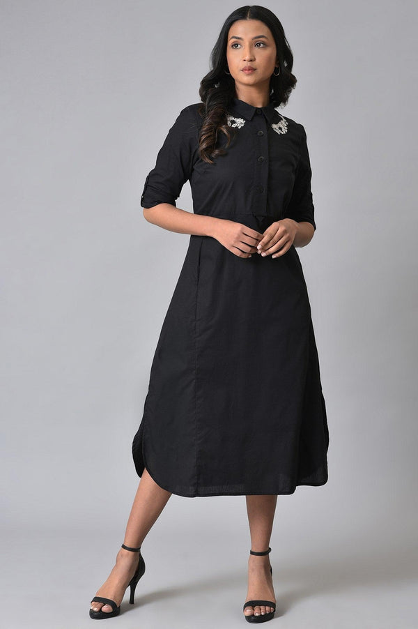 Black Cotton Embroidered Plus Size Shirt Dress