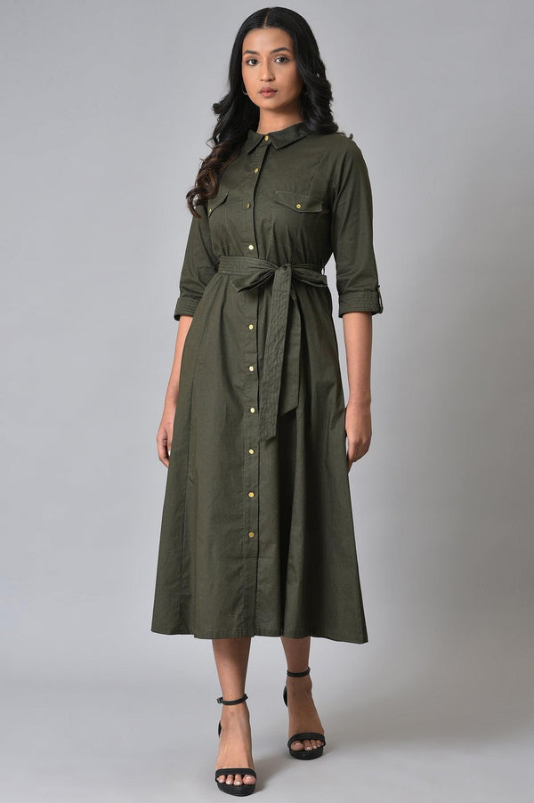 Olive Green Collared Belted Western Dress