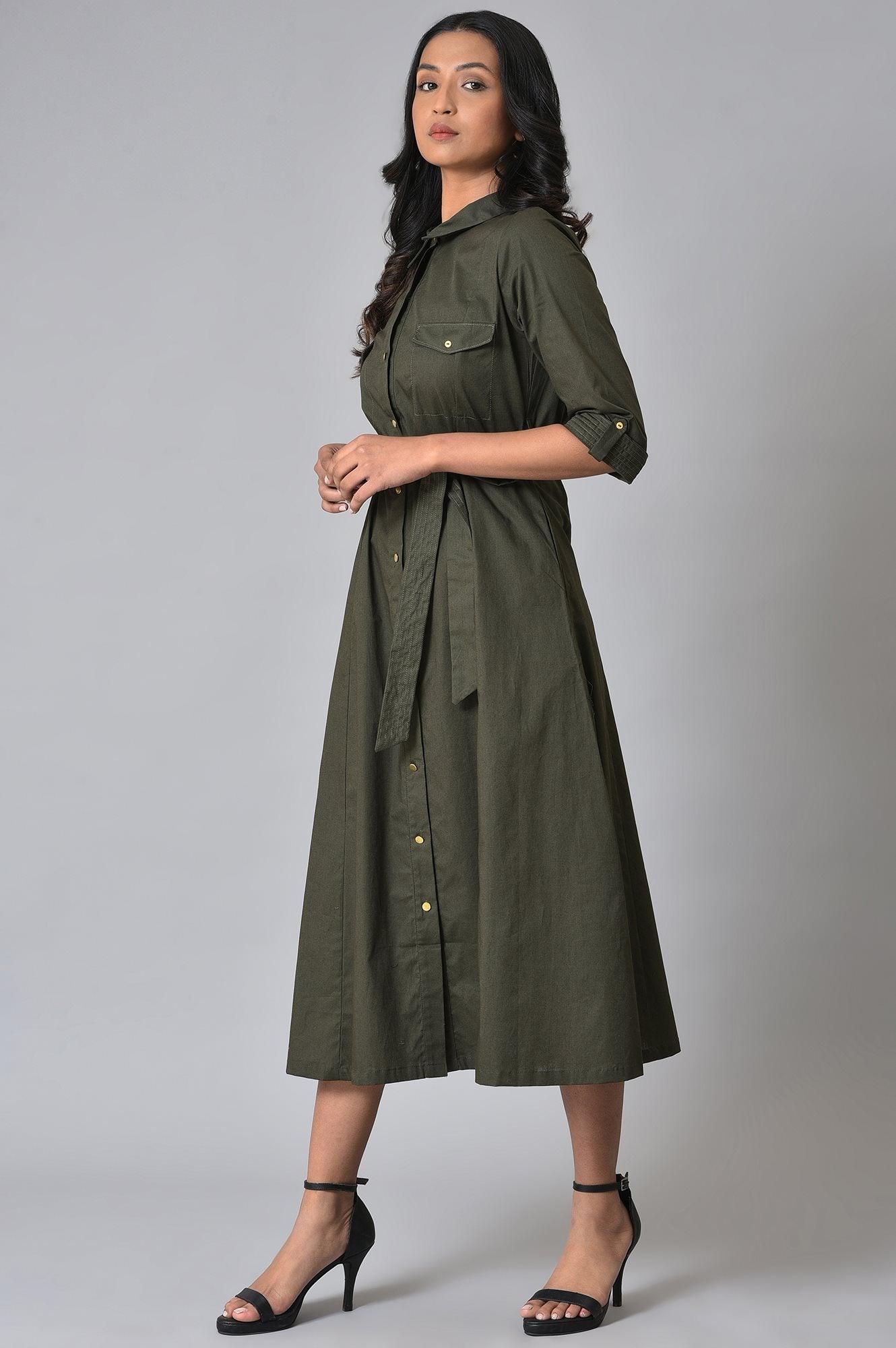 Buy Olive Green Collared Belted Western Dress Online for Woman | WforWoman Buy Olive Green Collared Belted Western Dress Online for Woman | WforWoman