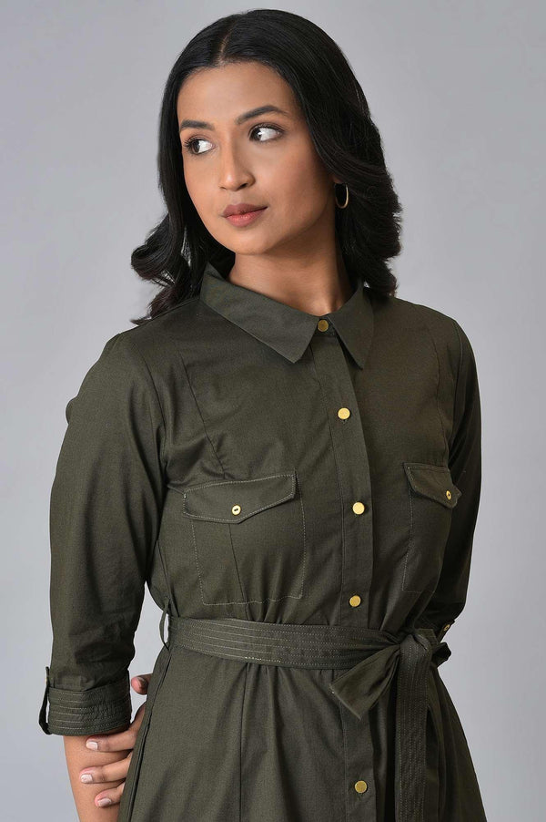 Olive Green Collared Belted Western Dress