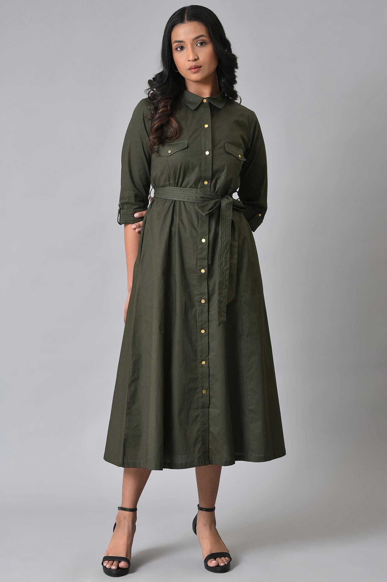 Buy Olive Green Collared Belted Western Dress Online for Woman | WforWoman Buy Olive Green Collared Belted Western Dress Online for Woman | WforWoman