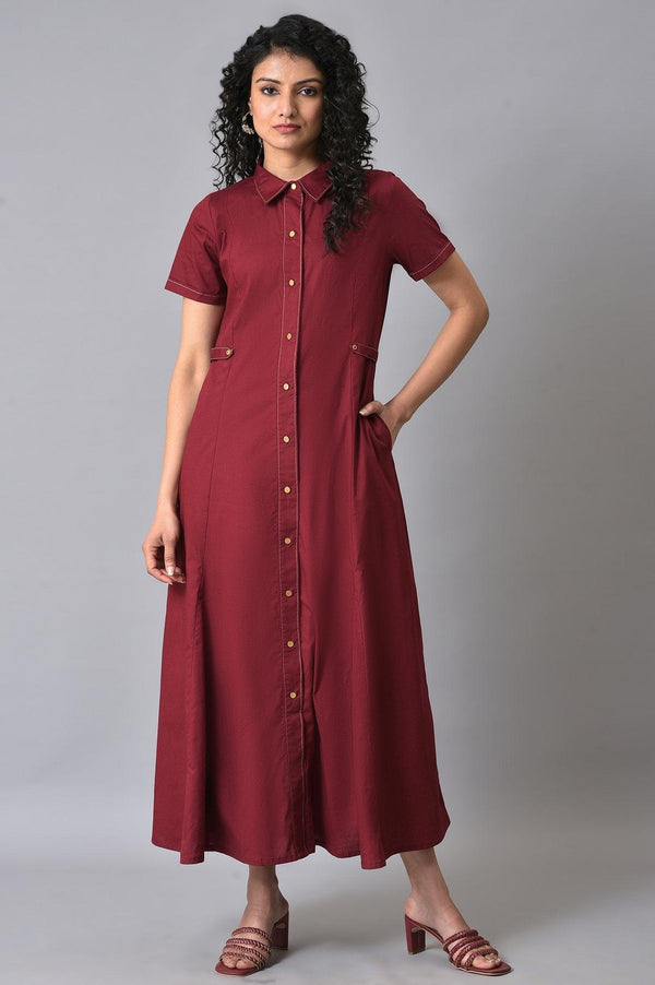 Maroon Cotton Western Summer Shirt Dress for Women
