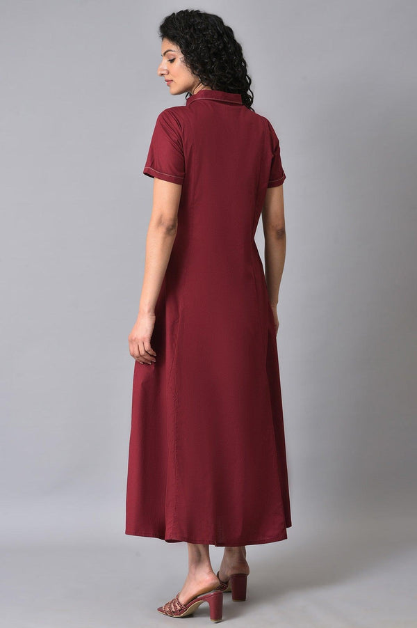 Maroon Cotton Plus Size Shirt Dress