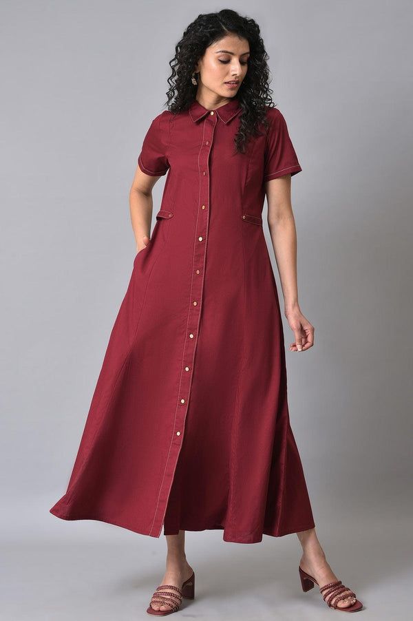 Maroon Cotton Plus Size Shirt Dress