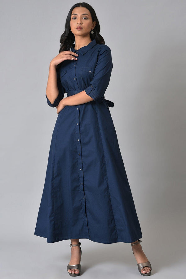 Navy Blue Cotton Plus Size Belted Shirt Dress