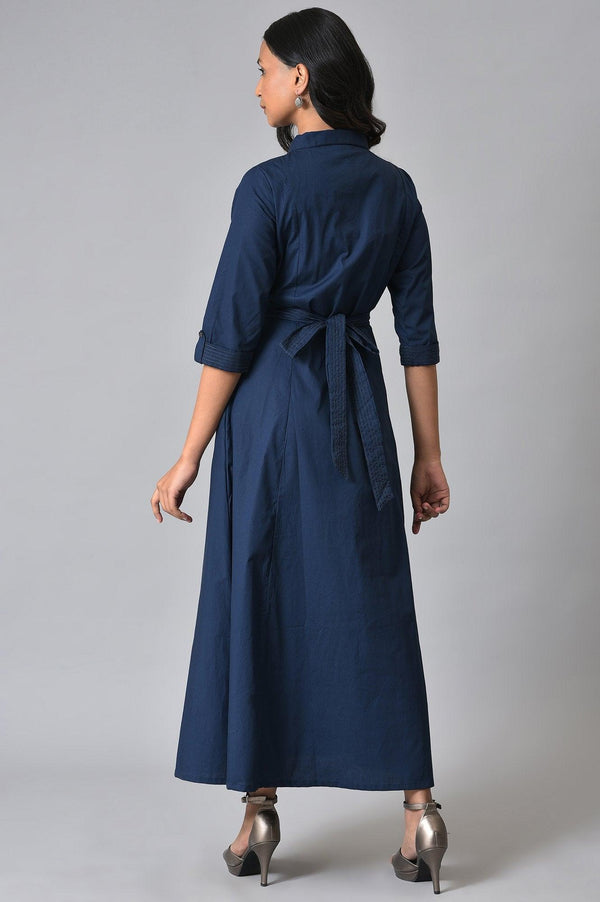 Navy Blue Long Shirt Western Dress with Belt for Women