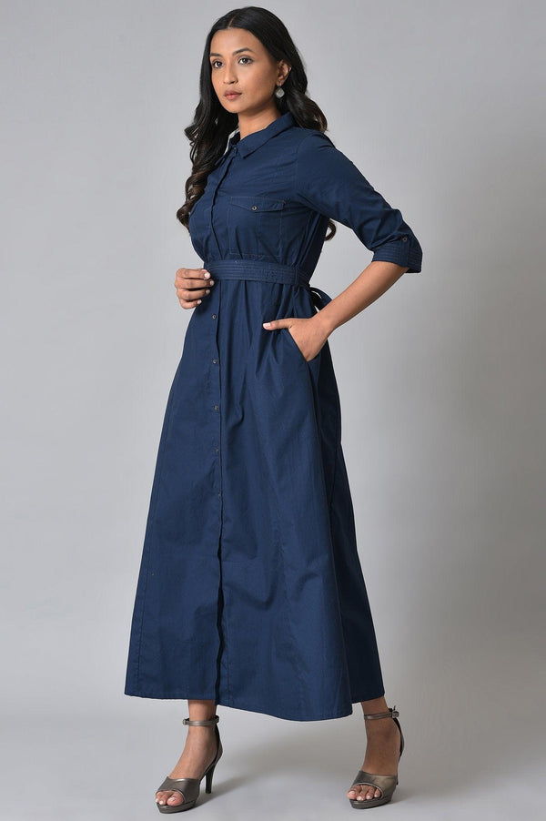 Navy Blue Cotton Plus Size Belted Shirt Dress