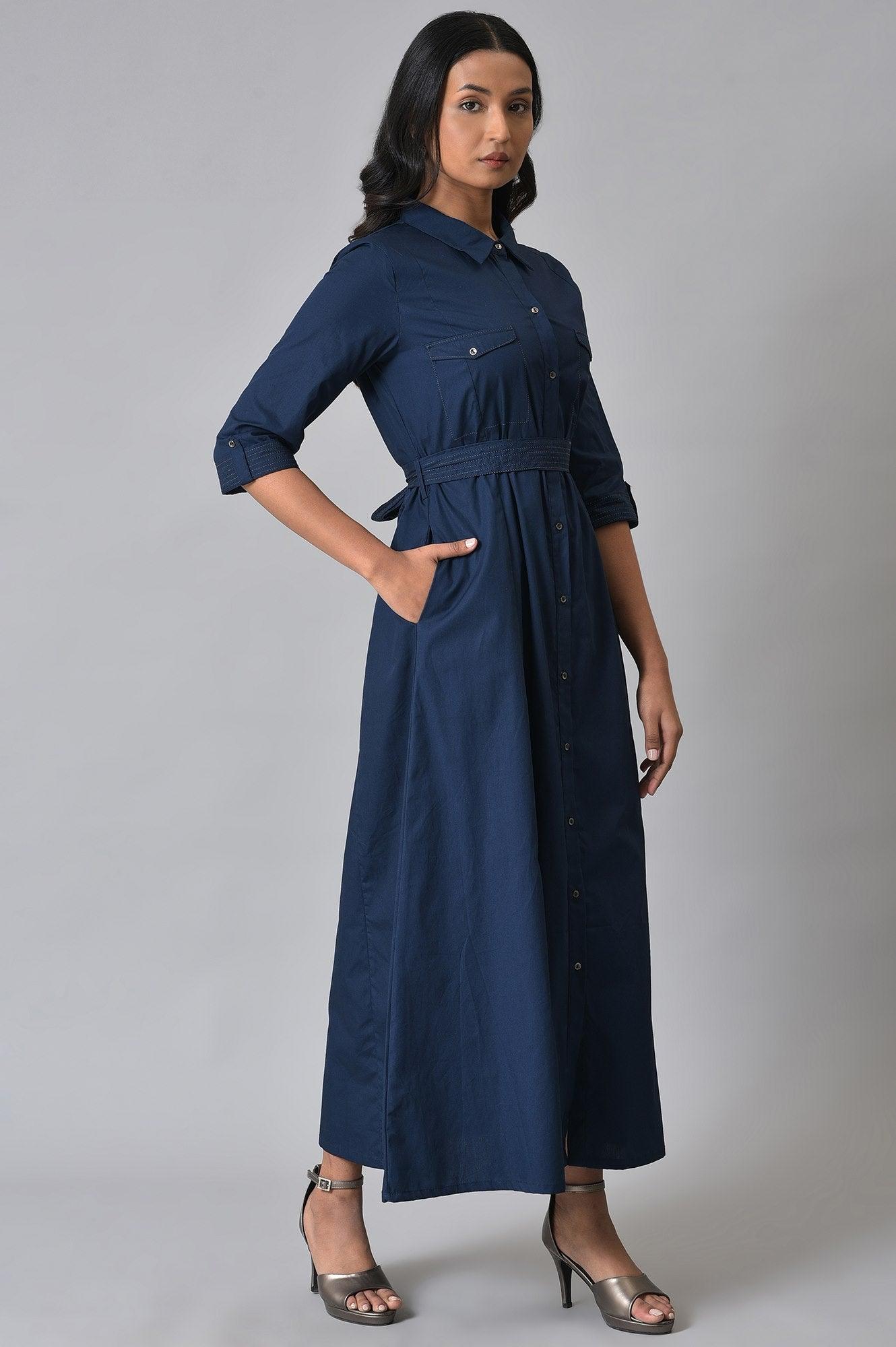 Buy Navy Blue Long Shirt Western Dress with Belt for Women Online for Woman | WforWoman Buy Navy Blue Long Shirt Western Dress with Belt for Women Online for Woman | WforWoman