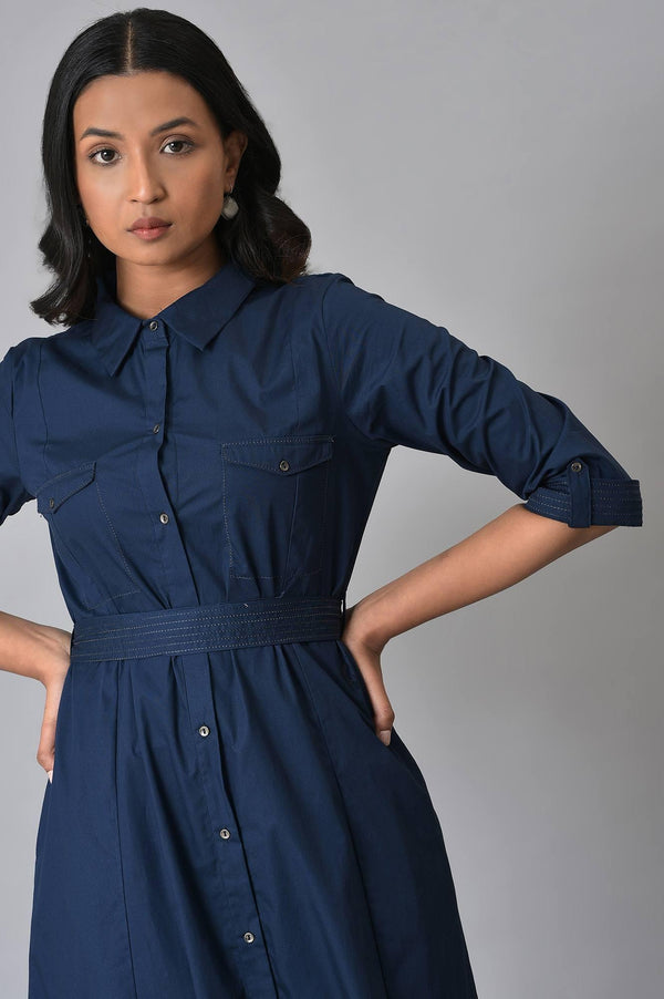 Navy Blue Long Shirt Western Dress with Belt for Women