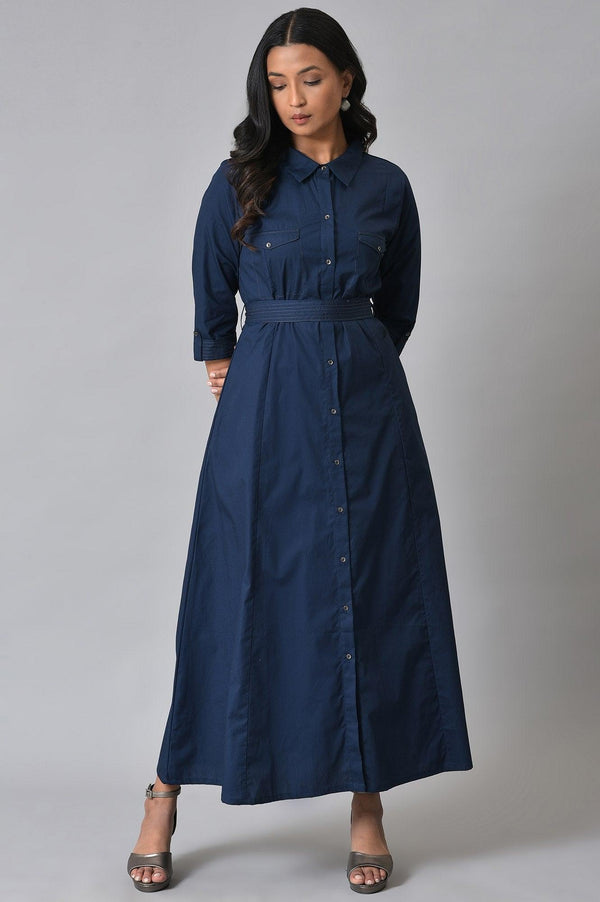 Navy Blue Long Shirt Western Dress with Belt for Women