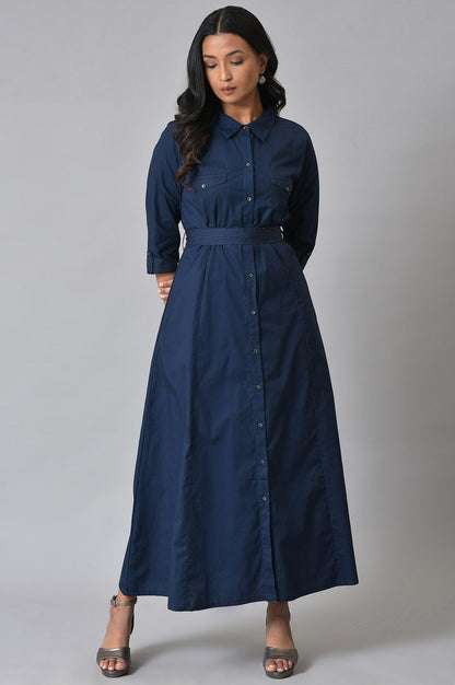 Plus Size Navy Blue Long Shirt Dress With Belt - wforwoman