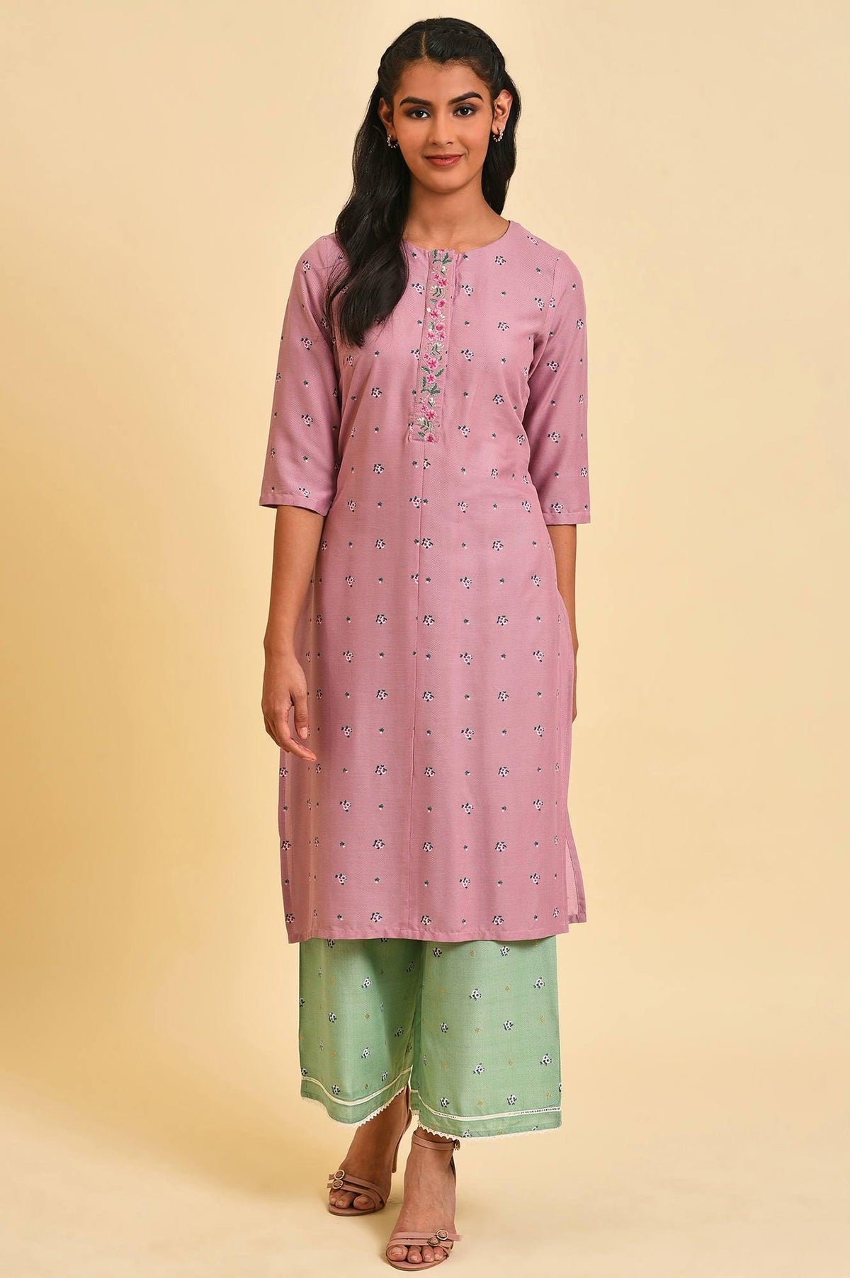 Light Purple Printed Plus Size kurta With Embroidery - 20